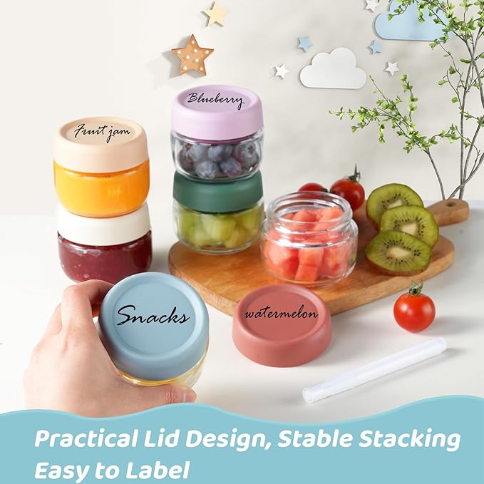 Glass Baby Food Storage Containers, Baby Food Jars, 6 Pack Small Glass Containers with Lids, 4 oz Leakproof Baby Food Storage Containers, BPA Free Microwave/Freezer/Dishwasher Safe, Kids Spoon Fork