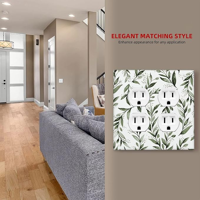Green Leaf Olive Leaf Sage Floral Outlet Covers 2 Gang Double Duplex Decorative Light Switch Covers Electrical Wallplates Socket Faceplate for Bedroom Living Room Decor