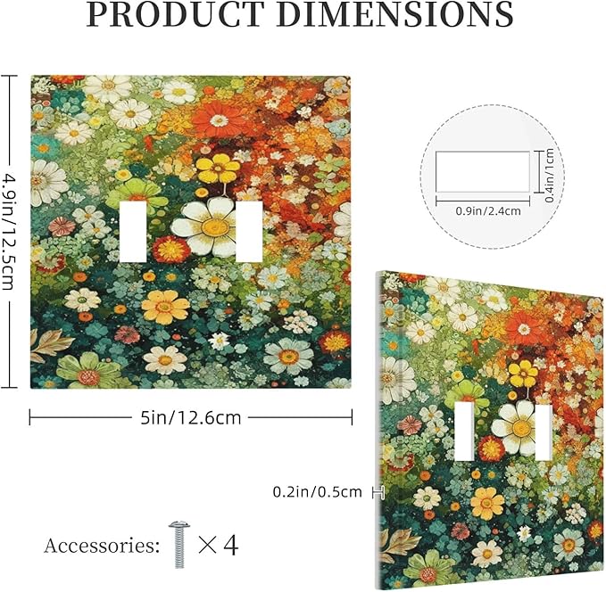 Light Switch Cover Plate Colorful Flowers Green Plants Meadow Floral 2 Gang Double Toggle Decorative Switch Plates Wall Plates Electrical Faceplate for Bathroom Bedroom Decor