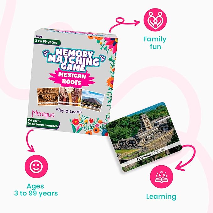 Menique – Mexican Roots Memory Game – Bilingual – 100 Cards (50 Pairs) with Real Photographs – Includes Booklets in English & Spanish – Cultural Matching Game for Kids & Adults