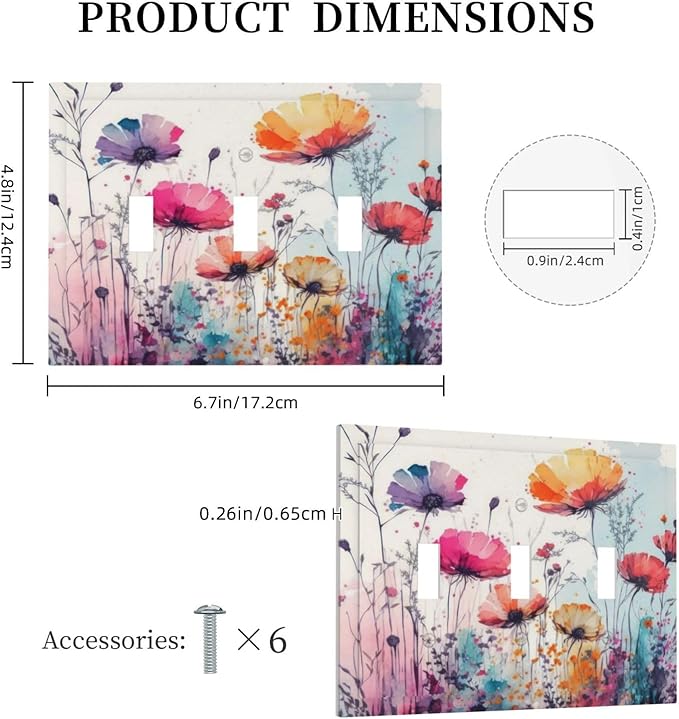 Light Switch Cover Plate Abstract Floral watercolor flowers 3 Gang Wall Plate Triple Toggle Wildflower Switch Covers Decorative Outlet Covers Electrical Switchplate for Bathroom Home Decor
