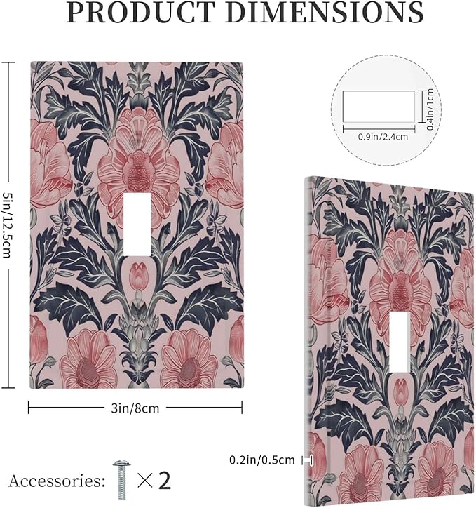 Pink Floral Vintage Botanical Boho Flower Decorative Light Switch Cover 1 Gang Single Toggle Device Electrical Faceplate Switchplates Decorator Outlet Wall Plate for Farmhouse Home Decor