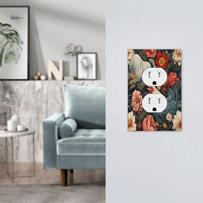 Outlet Covers Rooster Flowers Red White Chicken Floral 1 Gang Duplex Wall Plate Decorative Switch Plates Electrical Receptacle Faceplate Light Switch Cover for living Room Farmhouse Decor