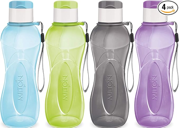 MILTON Sports Water Bottle Kids Reusable Leakproof 25 Oz 4-pack Plastic Wide Mouth Large Big Drink Bottle BPA & Leak Free With Handle Strap Carrier For Cycling Camping Hiking Gym Yoga