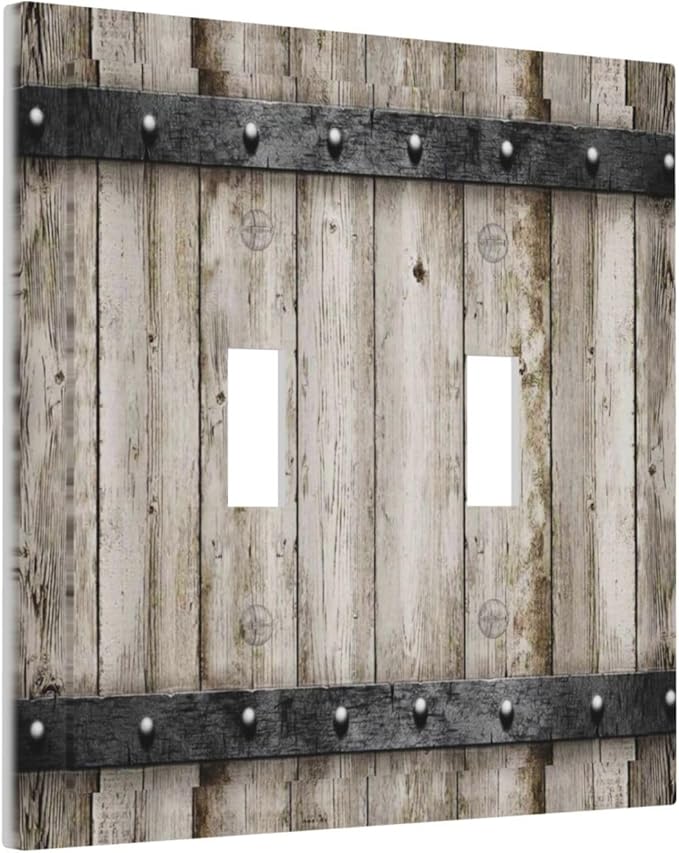 Old Western Farmhouse Barn Door Rustic Country Vintage Brown Gray Wooden Wood Cabin 2 Gang Electrical Double Toggle Outlet Light Switch Wall Plate Decorative Receptacle Face Switchplate Cover Mid Size