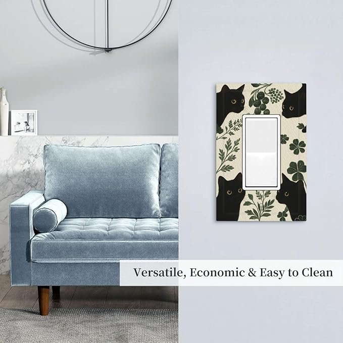 Decorative Outlet Covers Funny Black Cat Green Leaf 1 Gang Rocker Light Switch Cover Plate Single Wall Plates for Electrical Outlets Switch Plate Covers Faceplate for Bedroom Home Decor
