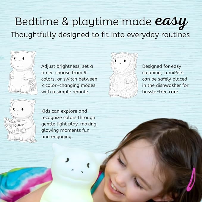 Lumipets Remote Control Silicone Night Light for Kids - Dragon Design with 9 Soft Colors & Sleep Timer - Rechargeable, Battery-Operated Lamp for Bedroom | Baby Nursery, Toddler, Girls, Boys