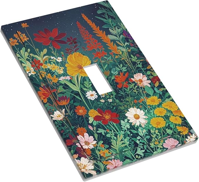 Decorative Switch Cover Plate with Wildflowers & Stars Botanical Floral Art Design Single Gang Toggle Switch Plate Light Switch Covers Artistic Faceplate for Garden Theme Wall Decor