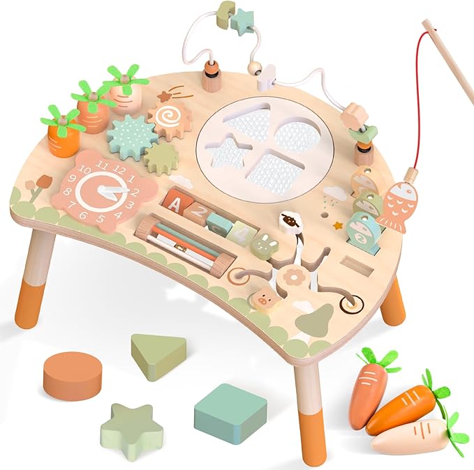 Wooden Activity Table for Toddlers 1-3, 9 in 1 Montessori Sensory Table with Bead Maze Shape Sorter Fishing Game, Baby Activity Center Learning Toys for 1 2 3 Year Old Boys Girls