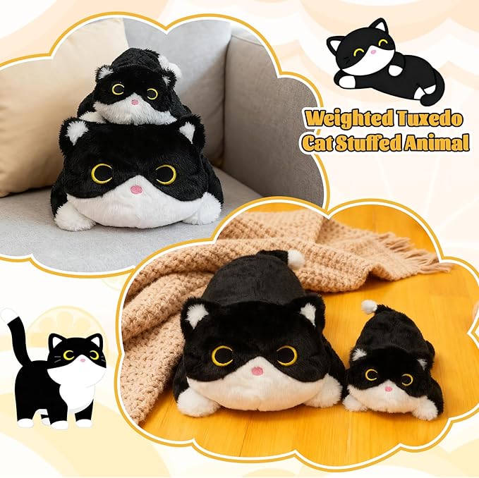 Weighted Cat Stuffed Animal,Cute Black and White Tuxedo Cat Plush Soft Weighted Plushies, Cuddleable Sensory Comfort Pillow for Kids Boys Girls Christmas Birthday Gift，17in 1.6lbs