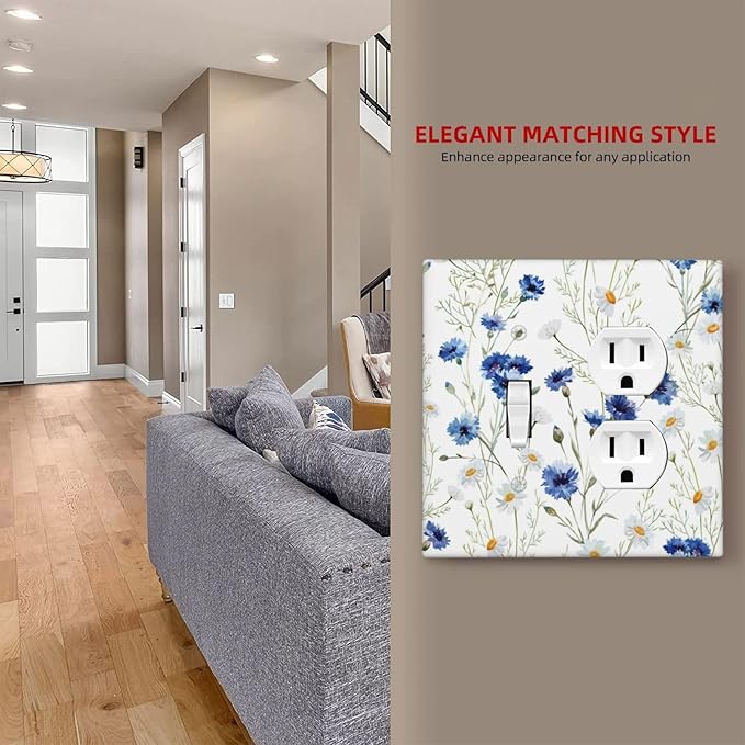 Outlet Covers Watercolor Daisy Blue Floral Vintage Plant 2 Gang Decorative Switch Plates 1 Toggle Duplex Combo Light Switch Cover GFCI Socket Cover WallPlates for Bedroom Home Decor