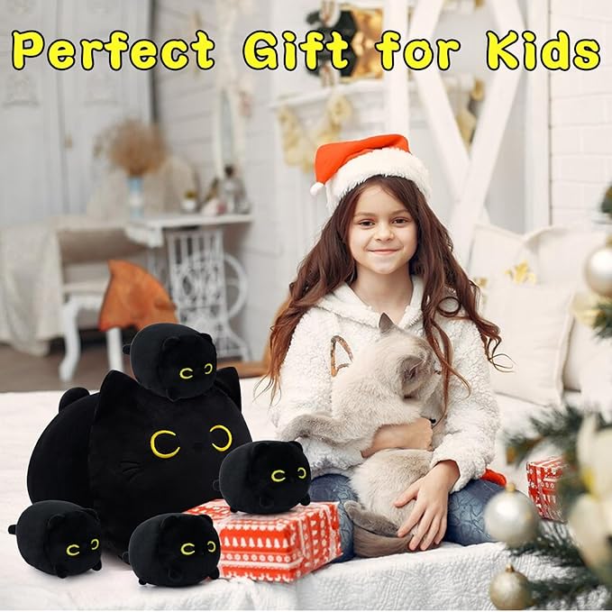 Cat Stuffed Animals with Babies, Black Cat Plush with Babies, Mommy Cat with 4 Baby Kittens Kawaii Black Cat Plushie Toy Birthday Gifts for Kids Boys Girls