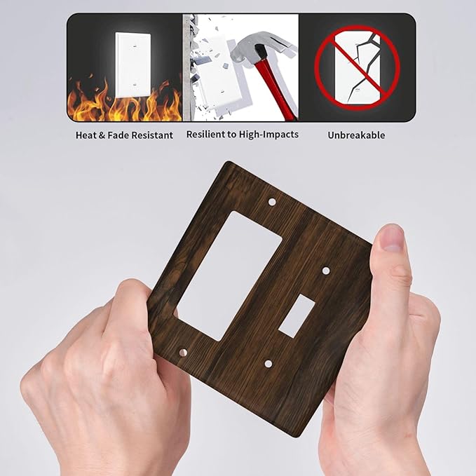 Light Switch Cover Plate Dark Brown Wood Grain Rustic Country Wooden 2 Gang Toggle Rocker Combo Wall Plates Decorative Switch Plates and Outlet Covers Socket Cover for Farmhouse Home Decor