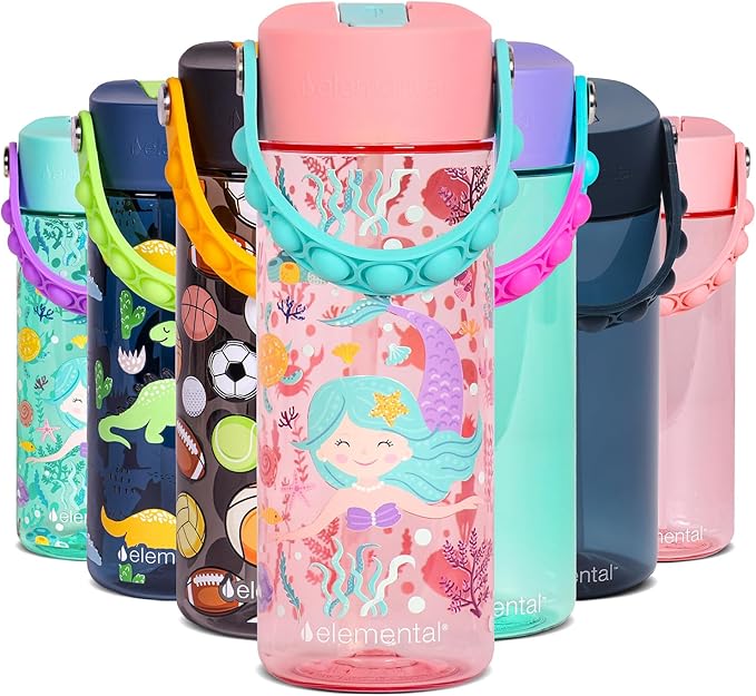Elemental Water Bottles for Kids - Splash Kids Water Bottle for School with Pop-it Handle - BPA Free Tritan Plastic Water Bottle with Straw Leak Proof when Spout is Closed - Mermaid Rose - 18oz
