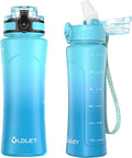 OLDLEY Kids Water Bottle for School with Straw Chug Lid, 15 oz Unbreakable Leak-Proof BPA-Free Motivational Water Bottles with Time Marker for Travel Sports Gym, Green Blue
