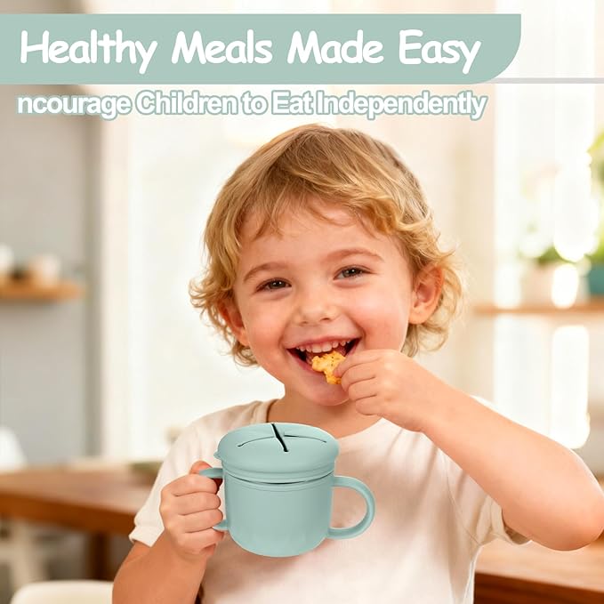 Toddler Snack Containers Stainless Steel Spill-Proof Snack Containers for Toddlers with Spill-Proof Silicone Lids and Handles 4-in-1 Baby Snack Cup is Dishwasher Safe for Easy use On The Go（Green）