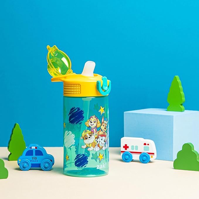 Zak Designs PAW Patrol Sage Water Bottle For School or Travel, 16oz Durable Plastic Water Bottle With Straw, Handle, and Leak-Proof, Pop-Up Spout Cover (Chase, Marshall, Skye, Rubble, Everest)
