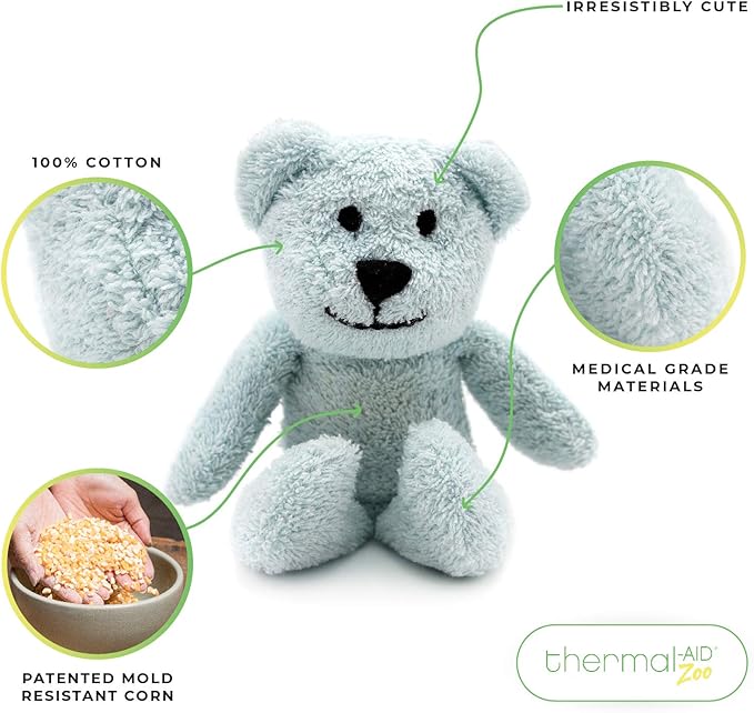 Thermal-Aid Zoo Mini — (Buckley the Blue Bear) — Mold-Resistant, Washable Hot & Cold Pack for Kids — Heating and Cooling Pad with Natural Corn Filling — Reusable Plush Toy