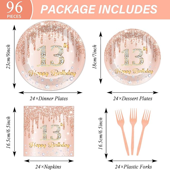 96 Pcs 13th Birthday Decoration for Girls Rose Gold 13th Birthday Plates and Napkins Party Supplies Rose Gold Pink Happy 13 Years Party Disposable Tableware Set for 24 Guests Party Decoration