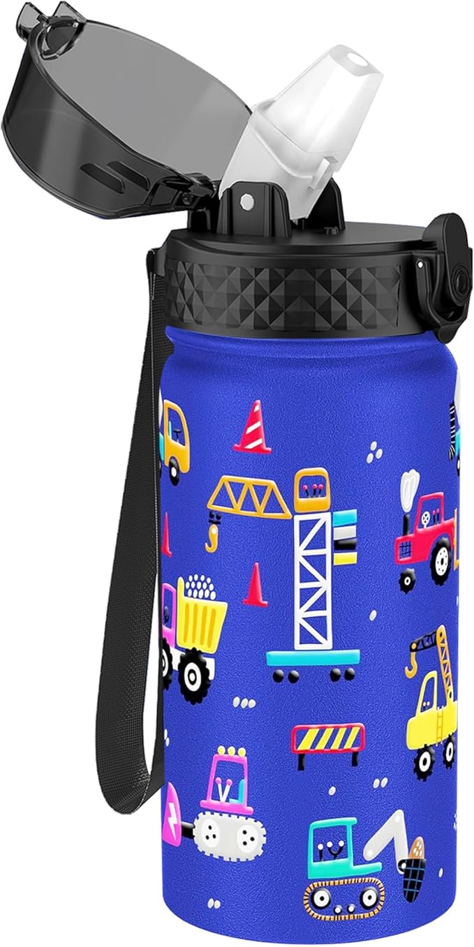 GOPPUS Kids Water Bottle (Straw Lid) - 14 Oz Stainless Steel Travel Bottle, Double Wall Vacuum Leak Proof Kids Cup for School Boys Girls,Blue engineering car