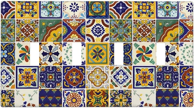 Yellow Mexican Moroccan Sun Tile Decorative 4 Gang Quad Toggle Light Switch Cover Electric Large Size Quadruple Faceplate Decorative Switch Face Wallplate