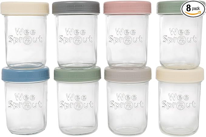 WeeSprout Glass Baby Food Storage Jars w/Lids (8 oz, 8 Pack Set) Snack, Puree, Reusable Small Containers, Breast Milk, Fridge or Freezer, Microwave & Dishwasher Safe, Essential Must Have for Infants