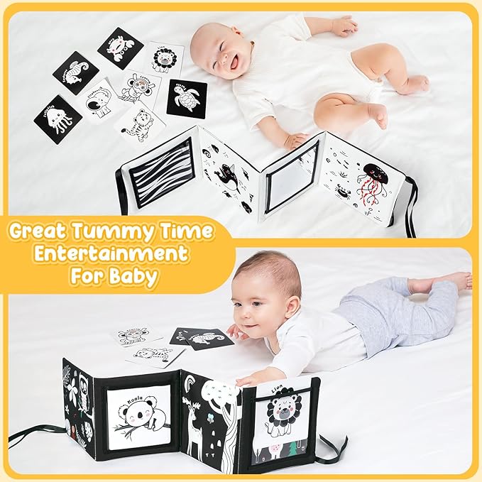 URMYWO Tummy Time Mirror Toys, Visual Stimulation Learning Cards, High Contrast Black and White Baby Toys for Newborn, Soft Baby Book for Infant 0-12 Months, Baby Boy Girl Shower Gift