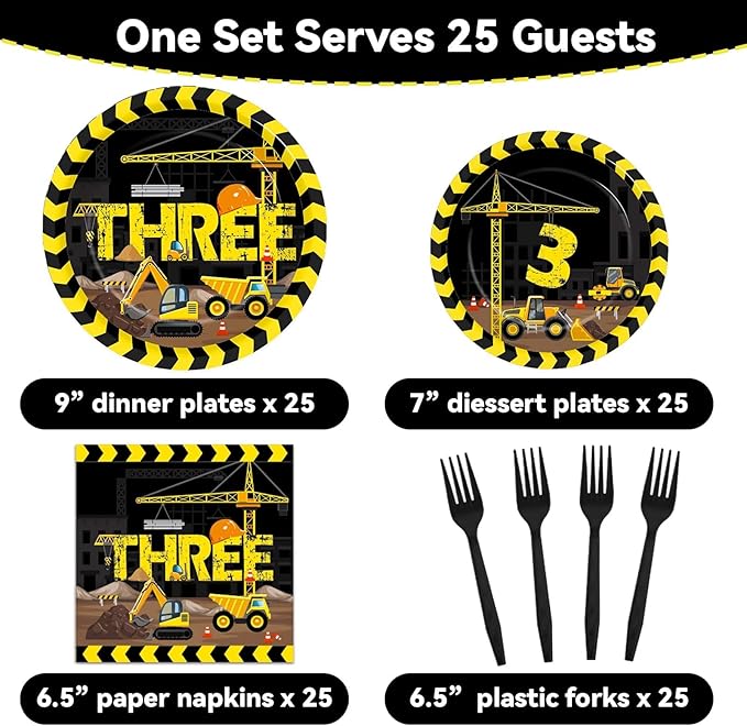100 Pcs Construction Plates and Napkins Set 3rd Birthday Party Decorations Dump Truck Themed Party Favors for 25 People