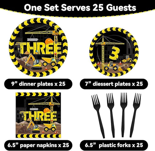 100 Pcs Construction Plates and Napkins Set 3rd Birthday Party Decorations Dump Truck Themed Party Favors for 25 People