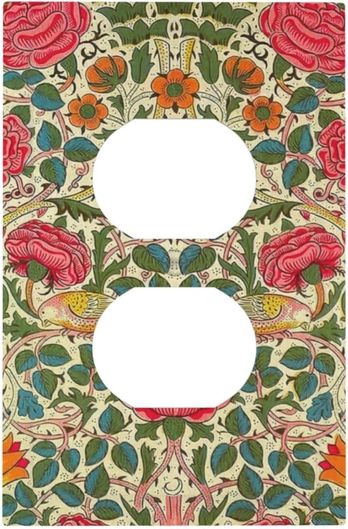 William Morris Roses Floral 1 Gang Electrical Duplex Outlet Covers VintageTulip Flower Plant Bird Light Switch Cover Receptacle Wall Plate Decorative for Country Bedroom Home Decor