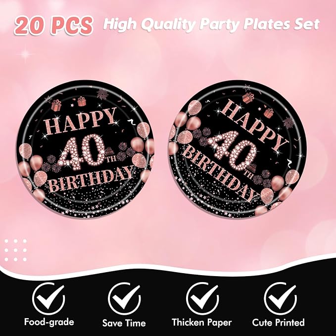 41Pcs 40th Birthday Decorations for Women, Vintage 40 Birthday Black and Rose Gold Disposable Paper Plates and Napkins Party Supplies for 20 Guests, 41Pcs Include 7" Plates Napkins and Tablecloth