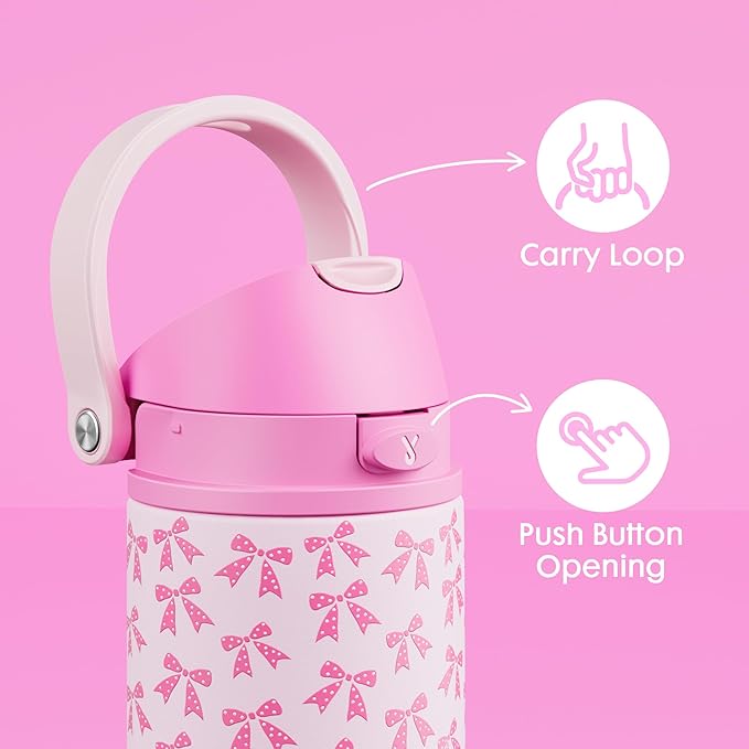 18 oz Kids Water Bottle for School: Meoky 18 oz Stainless Steel Insulated Water Bottle with 2-in-1 Straw and Spout Lid - Leak Proof, Fits in Car Cup Holder, BPA-Free for Teen Girls, Pink Bows