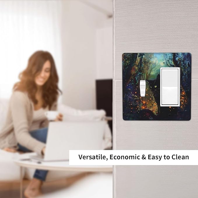 Light Switch Cover Plate Magic Fantasy Forest Mysterious Black Cat 2 Gang Combo Wall Plates Toggle Rocker Decorative Switch Plates and Outlet Covers for Kid Room Bathroom Decor
