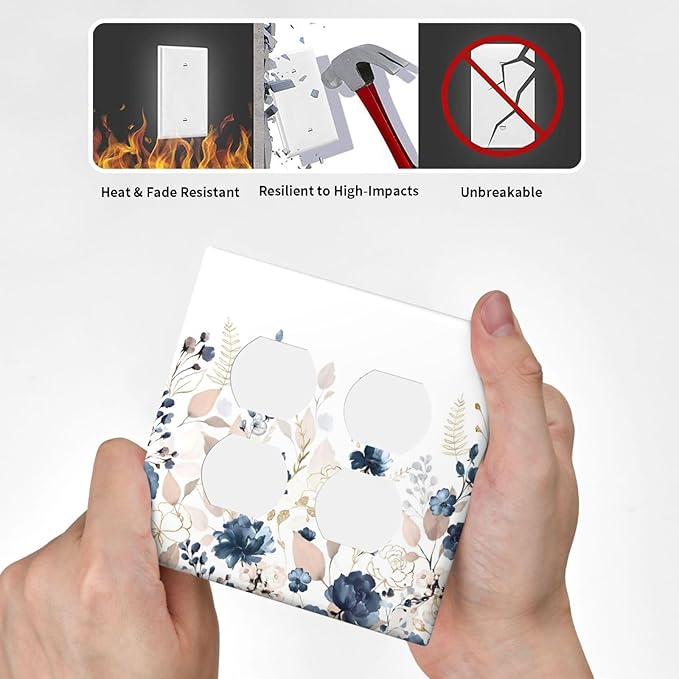 Blue Flora Boho Vintage Flower Golden Leaves Outlet Covers 2 Gang Double Duplex Decorative Light Switch Covers Electrical Wallplates Socket Faceplate for Bedroom Living Room Decor