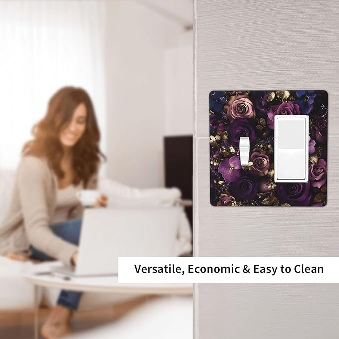 Decorative Toggle Switch Cover Plate with Luxurious Purple Roses Gold Accents Leaves Design 2-Gang 1-Gang Standard Wall Plate Light Switch Cover for Romantic Bedroom/Living Room Decor