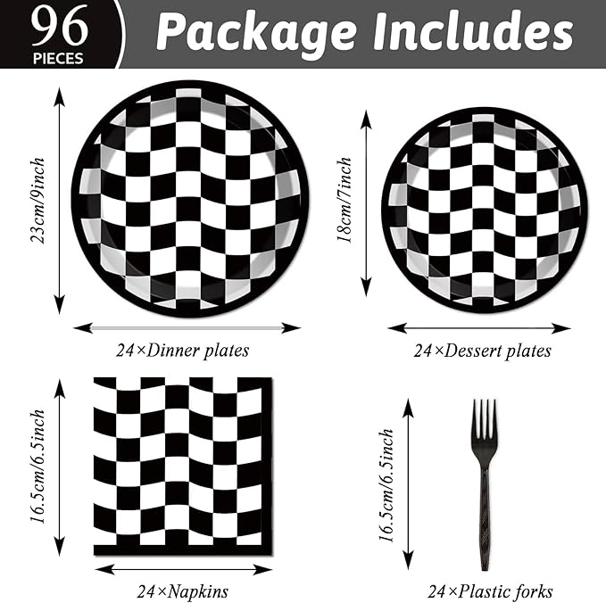96PCS Race Car Birthday Party Decorations Black and White Checkered Plates Sports Themed Table Supplies Decorations Racing Dessert Plates Napkins Forks for 24 Guests Racing Car Birthday Party Favors