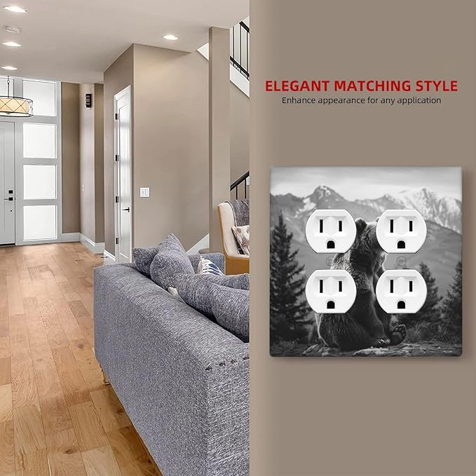 Decorative Outlet Covers Black White Bear Mountain Pine Trees Wilderness 2 Gang Decorative Switch Plate Double Duplex Wall Plates Switch Plates and Outlet Covers for Bathroom Bedroom Decor