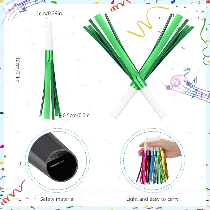 48 Pcs Green Noise Horns Makers Glitter Metallic Fringed Party Blowers for St. Patrick's Day, Baby Shower, Kids Birthday, New Year Party Favor - White Green