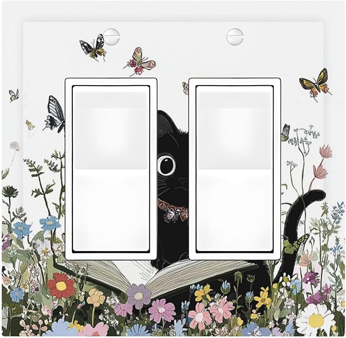 Decorative Outlet Covers Cute Cat Wildflowers Boho Flowers Floral 2 Gang Double Gfci Rocker Electrical Wall Panels Light Switch Cover Plate For Nursery Kids Room Decor