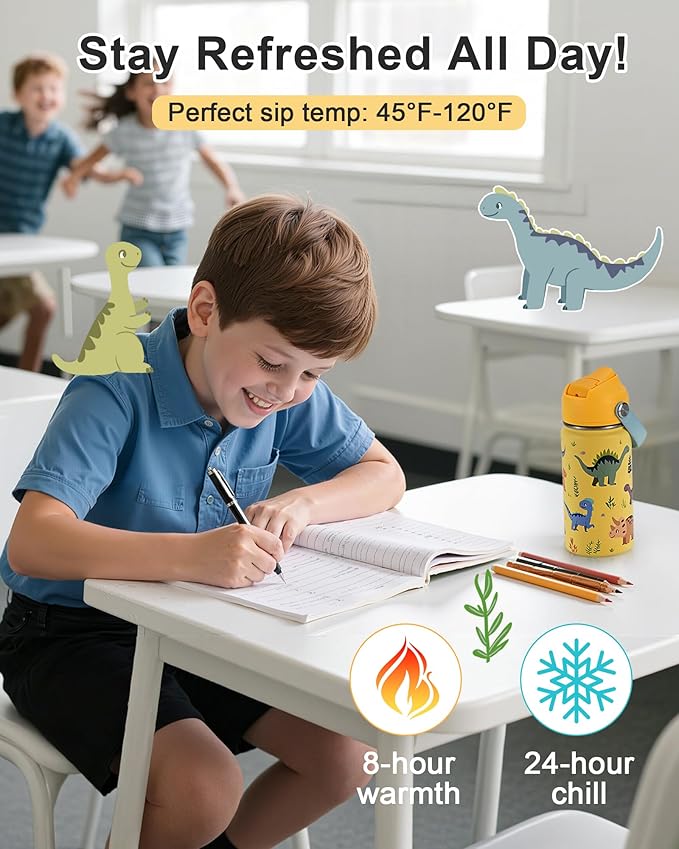 Kids Water Bottle 14oz with Silicone Straw Lid - Insulated Toddler Water Bottle Stainless Steel Keeps Cold 24H, Leak Proof & Dinosaur Prints Design | Custom Name Tag for School, Daycare, Travel