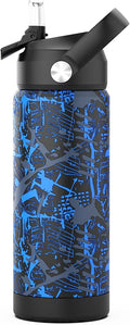 Boys Water Bottle with Straw,18 oz Kids Insulated Cups with Stainless Steel Leak Proof for School,Sport&Travel（Geometry-Blue）