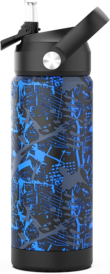 Boys Water Bottle with Straw,18 oz Kids Insulated Cups with Stainless Steel Leak Proof for School,Sport&Travel（Geometry-Blue）