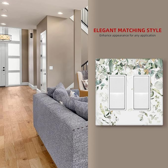 Green Leaves Watercolor Double Gang Rocker Decorative Light Switch Cover, 2-Gang Wall Plate Outlet Cover