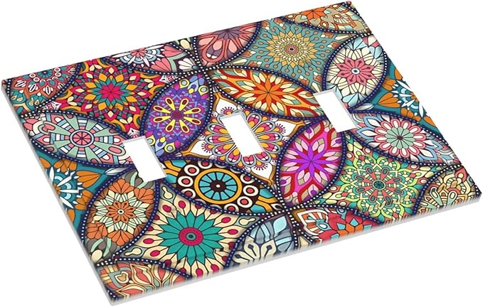 Boho Floral Pretty Colorful Mandala Flowers Decorative Switch Plates 3 Gang Wall Plate Triple Toggle Light Switch Cover Faceplate Electrical Wall Panels for Bedroom Living Room Decor