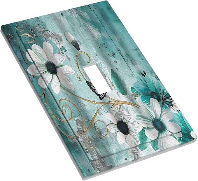 Decorative Switch Plate Covers Turquoise Flowers and Butterflies Rustic Teal White Floral 1 Gang Wall Plate Single Toggle Light Switch Cover Plate Electrical Switchplate Receptacle Faceplate