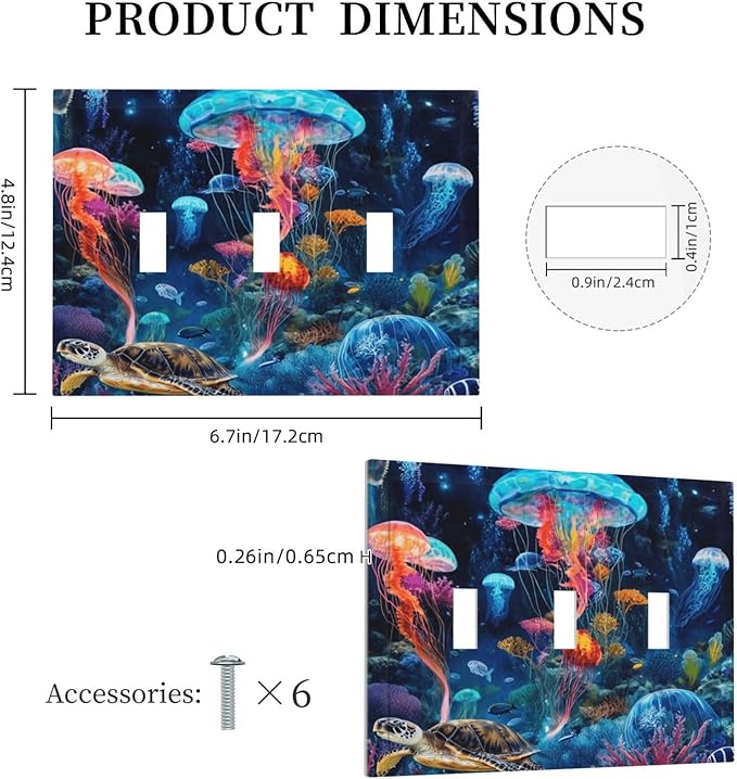 Jellyfish Sea Turtle Fantasy Ocean Coral Underwater World Decorative Switch Plates 3 Gang Wall Plate Triple Toggle Light Switch Cover Faceplate Electrical Wall Panels for Nursery Kids Room Decor