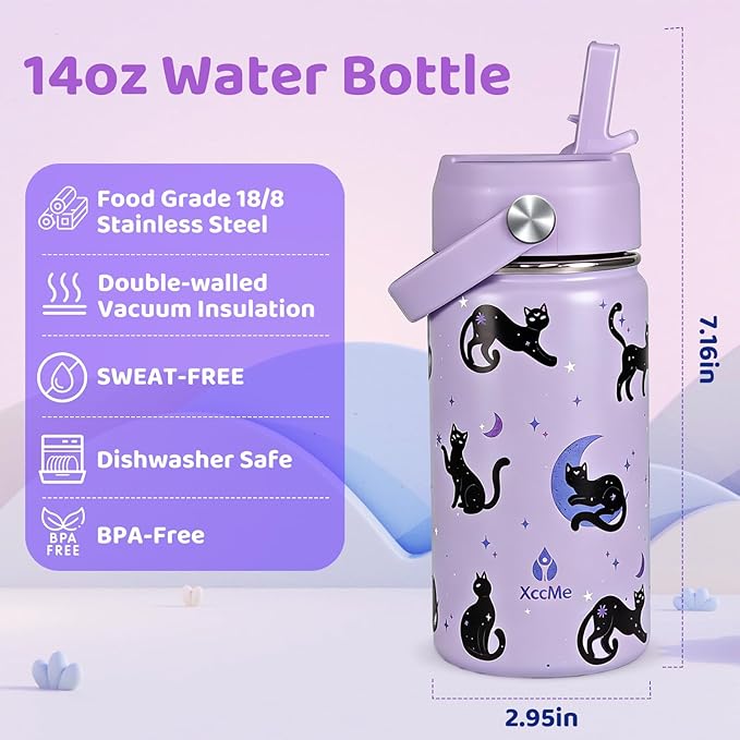 14oz Cat Kids Water Bottle With Straw Lid,Stainless Steel Travel Bottle,Double Wall Leak Proof & BPA-FreeKids Cup,Insulated Tumbler for Toddlers,Metal Bottle for School Boys Girls