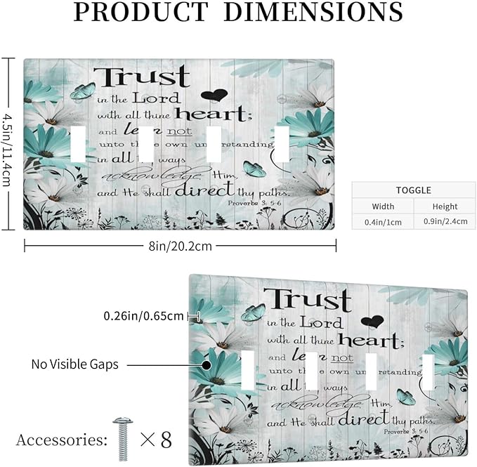 Rustic Teal Daisy Bible Verse Wooden Inspirational Quote Light Switch Covers Quad Toggle Electrical Faceplate 4 Gang Wall Plate Decorative Switch Plates Cover for Bedroom Living Room Decor