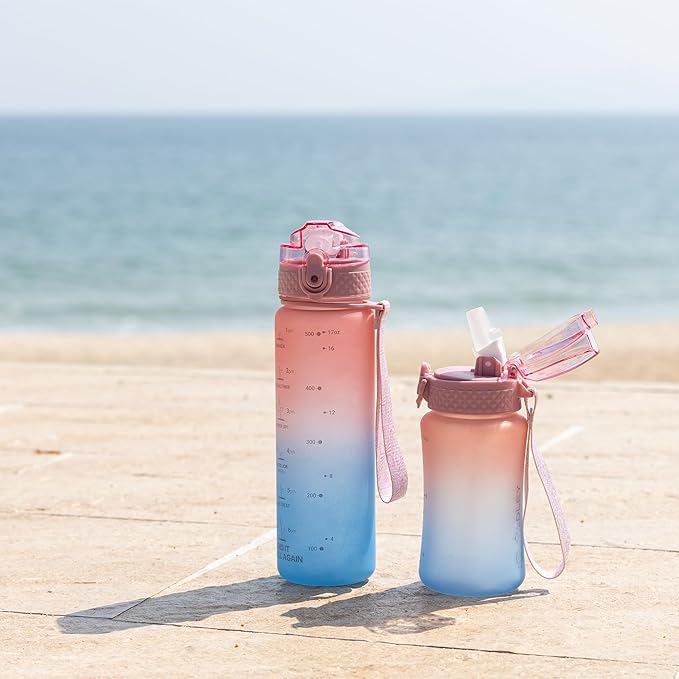 OLDLEY Kids Water Bottle for School, 12 oz (2 lids) BPA-Free Reusable Leak-proof Durable Tritan Plastic Bottles with Straw & Chug Lids, Anti-dust Spout Cover (Pink Blue)