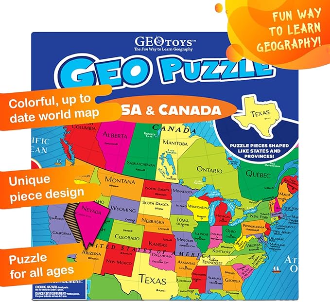 GeoToys GeoPuzzle, USA & Canada Jigsaw Puzzles, 69 Pc Geography Game & Map Puzzle, Educational Games & Kids Learning Activities, Puzzle Gifts for Children Ages 6-9, Fun Learning Toys for Kids